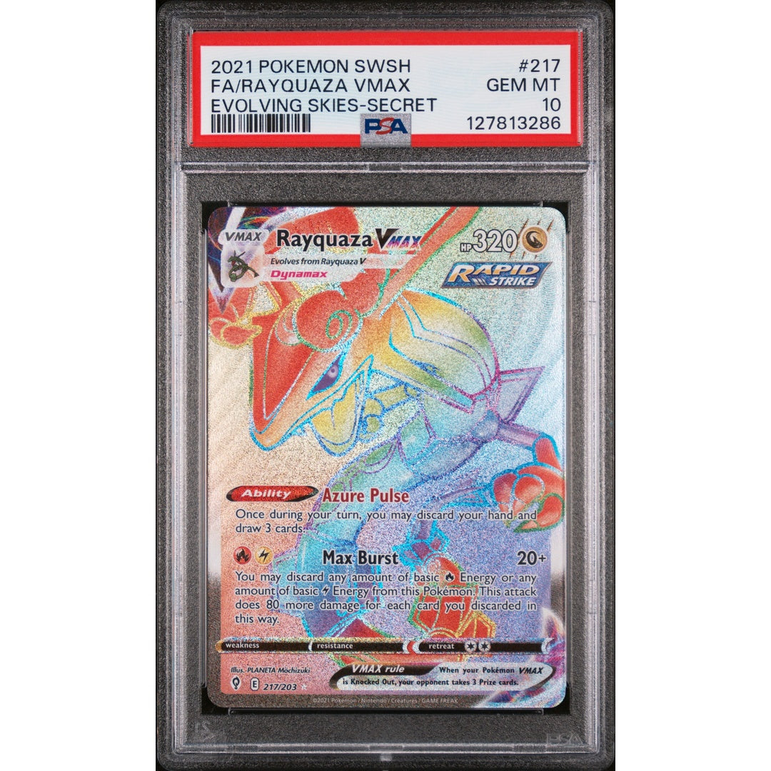 2021 POKEMON SWORD & SHIELD EVOLVING SKIES #217 FA/RAYQUAZA VMAX EVOLVING SKIES-SECRET PSA 10