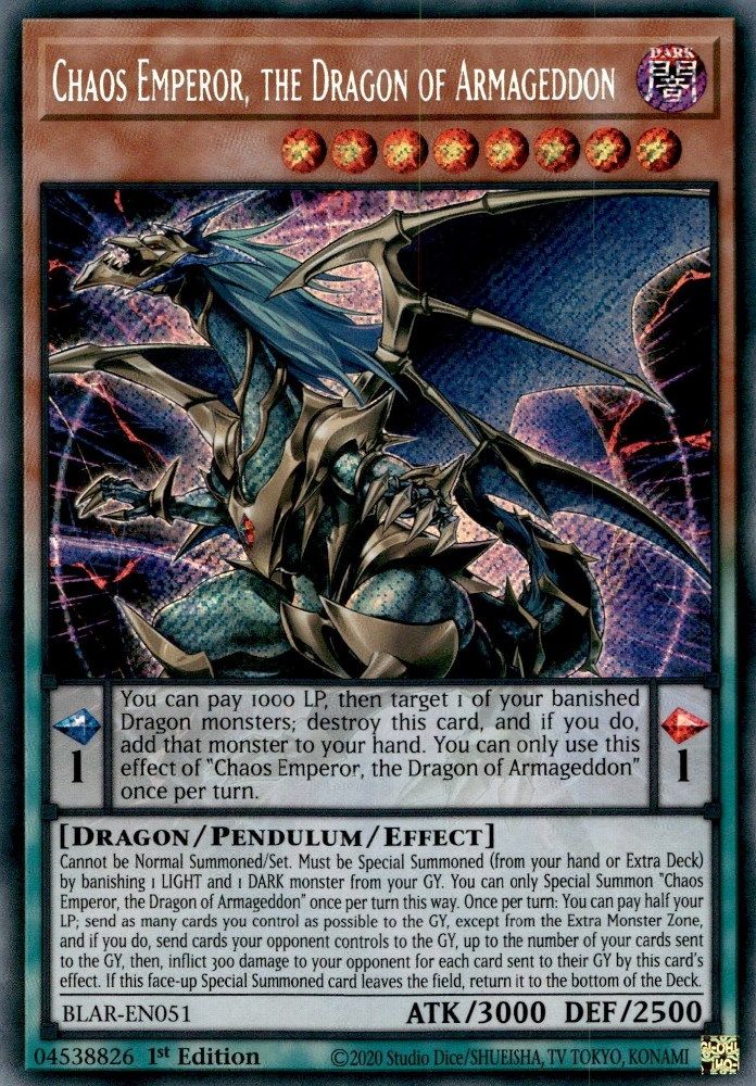 Chaos Emperor, the Dragon of Armageddon (BLAR-EN051) Secret Rare  1st Edition